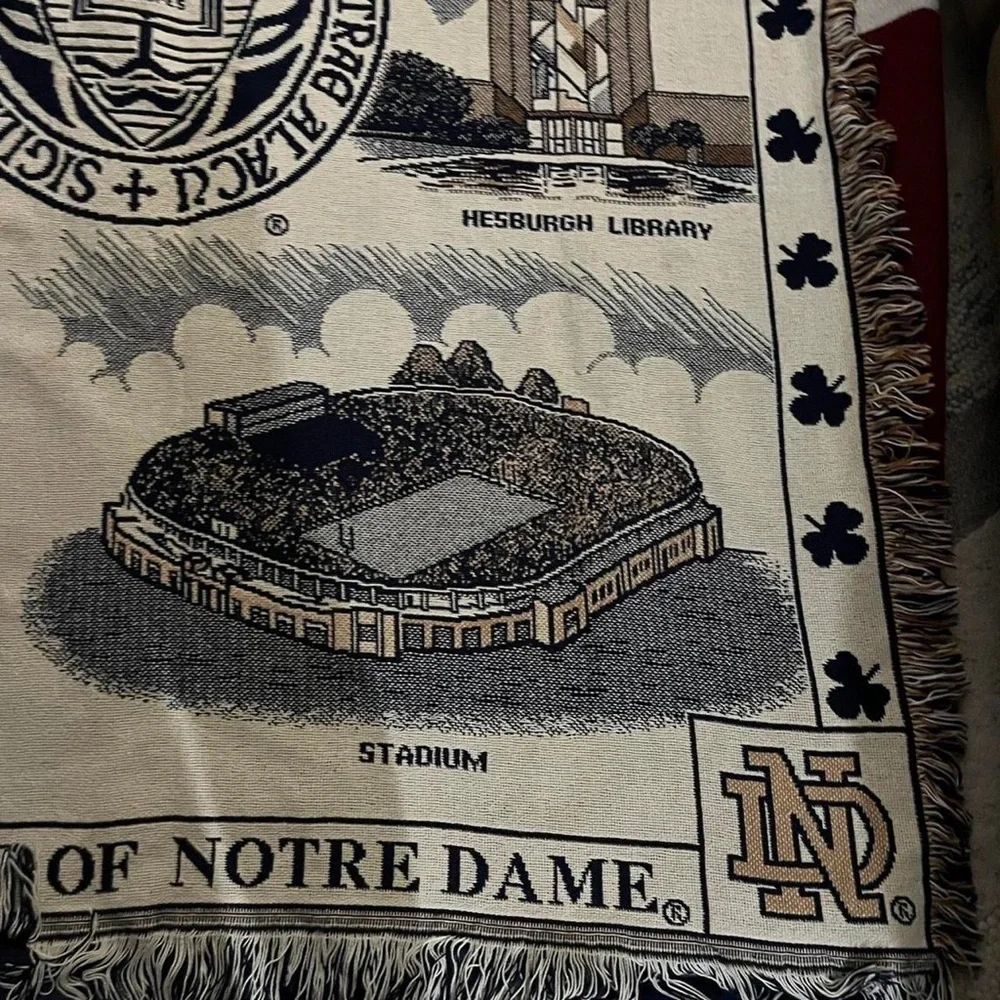 University Of Notre Dame Seal Stadium Tapestry Fringe Throw Blanket 63X49”